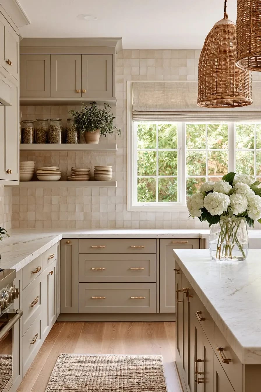 Light Colored Kitchen Cabinets: 7 Ways to Get Bright Without Going Cold 12 A bright kitchen with greige and taupe cabinets, gold hardware, marble countertops, woven pendant lights, open shelving with dishes and jars, a large window with a natural fiber shade, and a vase of white flowers on the island, illustrating light colored kitchen cabinets.