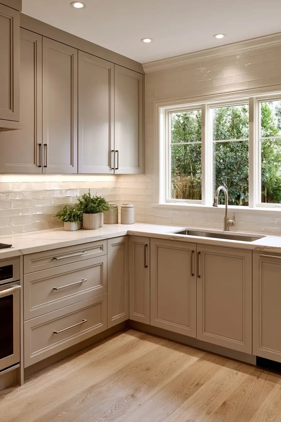 Light Colored Kitchen Cabinets: 7 Ways to Get Bright Without Going Cold 11 Modern kitchen featuring light greige and taupe cabinets, white subway tile backsplash, light wood floors, a large window overlooking greenery, and minimal decor, illustrating how light colored kitchen cabinets create a bright atmosphere without feeling cold.