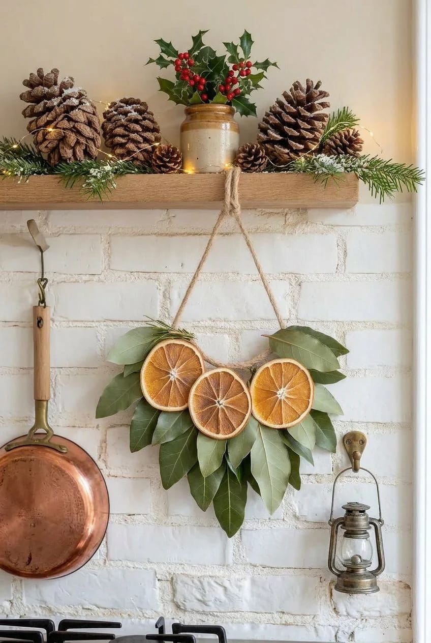 10 Cottage Christmas Decor Ideas With Dried Oranges and Florals 17 A cottage kitchen decorated for Christmas with a handmade bay leaf and dried orange swag hanging over the range, pinecones and holly on a wooden shelf, a copper pan, and a vintage lantern, illustrating cottage Christmas decor ideas with dried oranges and florals.
