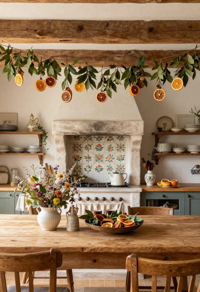 10 Cottage Christmas Decor Ideas With Dried Oranges and Florals 18 Cottage kitchen decorated for Christmas with a bay leaf and dried orange swag hanging over the range, a rustic wooden table set with a bowl of dried oranges and a vase of florals, shelves with dishes, and exposed wooden ceiling beams, illustrating cottage Christmas decor ideas.