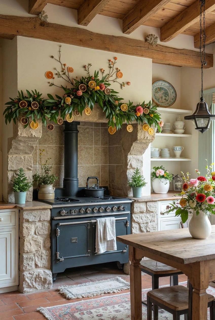 10 Cottage Christmas Decor Ideas With Dried Oranges and Florals 19 A rustic kitchen range decorated with a festive swag of bay leaves, dried orange slices, and florals, illustrating cottage Christmas decor ideas with dried oranges and florals.