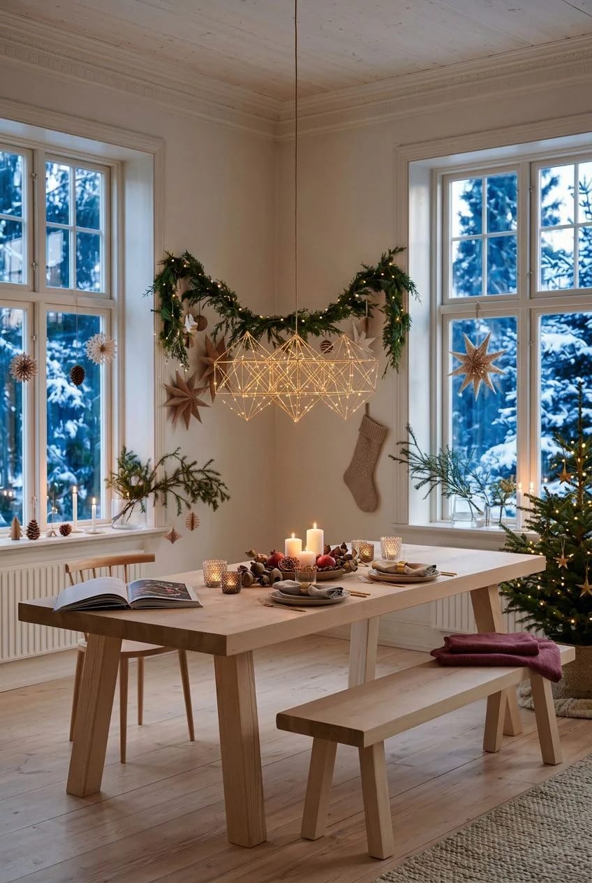Scandinavian Christmas Decor With Pale Wood and Straw Ornaments That Reads Nordic, Not Rustic 15 hang a straw himmeli over the table where nothing else competes 1