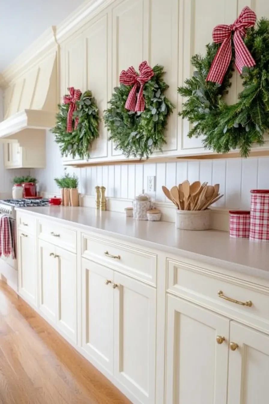 Farmhouse Christmas Kitchen Decor Ideas That Survive an Actual December 10 Cream-colored farmhouse kitchen cabinets decorated with lush green Christmas wreaths hung on the cabinet doors using red and white checkered ribbon, exemplifying festive kitchen decor ideas that last through December.