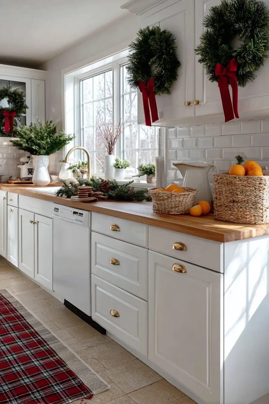 Farmhouse Christmas Kitchen Decor Ideas That Survive an Actual December 12 White farmhouse kitchen decorated for Christmas with mini wreaths hung on cabinet doors using red ribbon, greenery and berries on the wooden countertop, woven baskets of oranges, and a plaid rug, illustrating festive farmhouse Christmas kitchen decor ideas.
