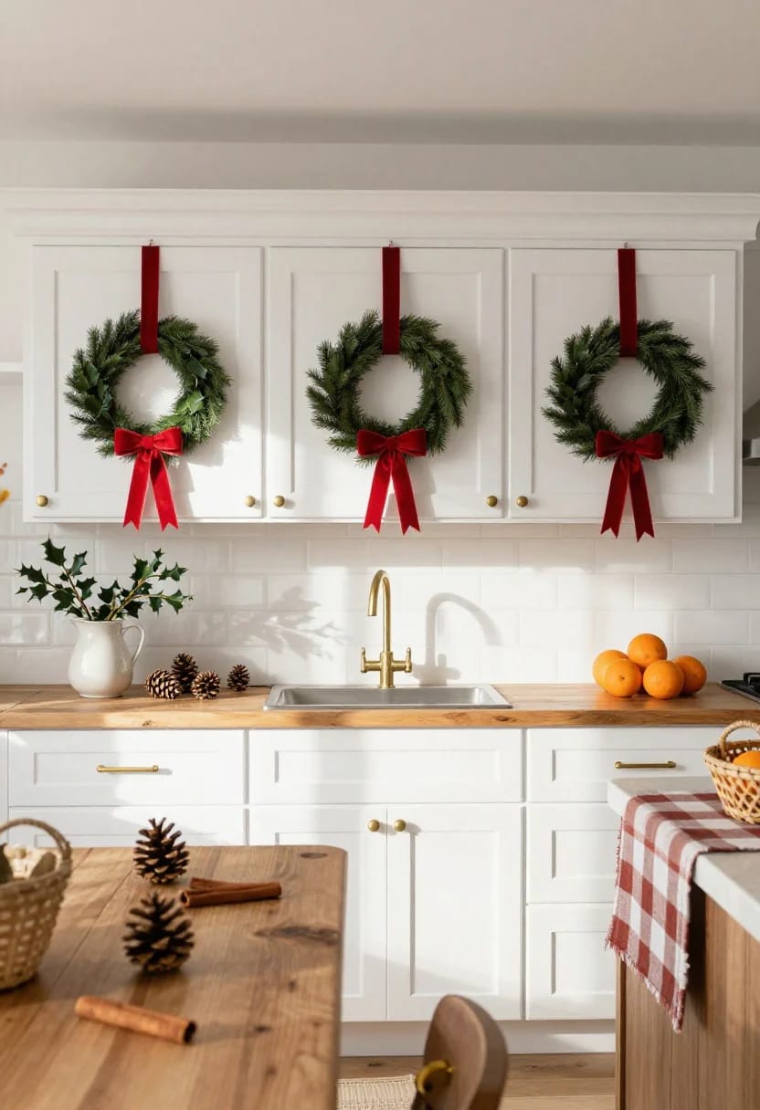 Farmhouse Christmas Kitchen Decor Ideas That Survive an Actual December 13 Farmhouse kitchen decorated for Christmas with three mini wreaths hung on white cabinet doors using red ribbon, featuring a wooden countertop, brass faucet, pinecones, oranges, a pitcher with holly, and a checkered dish towel.