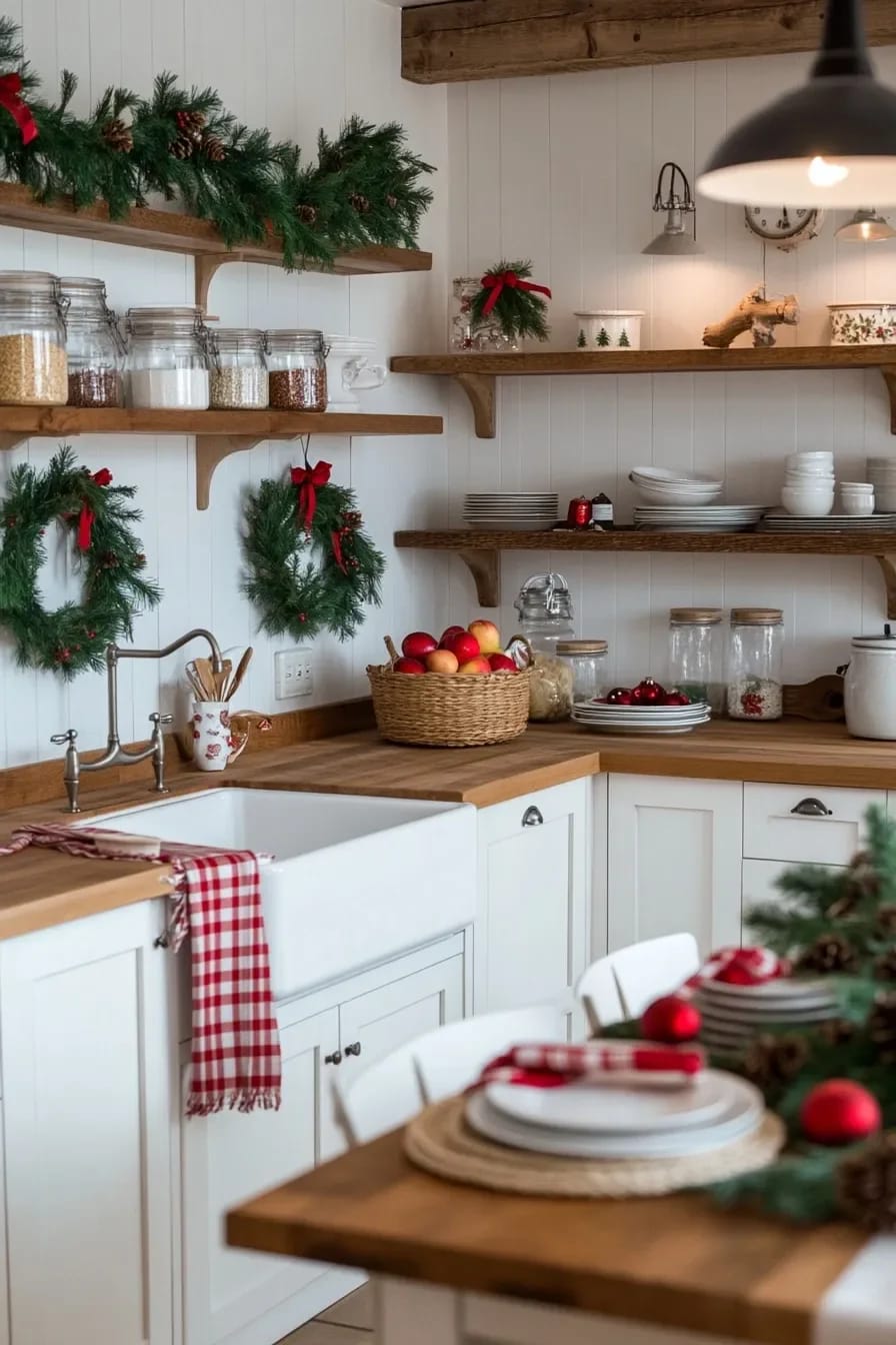 Farmhouse Christmas Kitchen Decor Ideas That Survive an Actual December 14 Farmhouse kitchen decorated for Christmas with mini wreaths hung on cabinet doors using red ribbon, open wooden shelves displaying jars and holiday greenery, a basket of apples on the countertop, and festive table settings, illustrating farmhouse Christmas kitchen decor ideas.