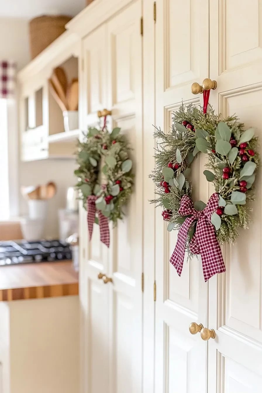 Farmhouse Christmas Kitchen Decor Ideas That Survive an Actual December 8 Mini Christmas wreaths with red plaid bows and greenery are hung on cream-colored kitchen cabinet doors using ribbon, illustrating a farmhouse Christmas kitchen decor idea.