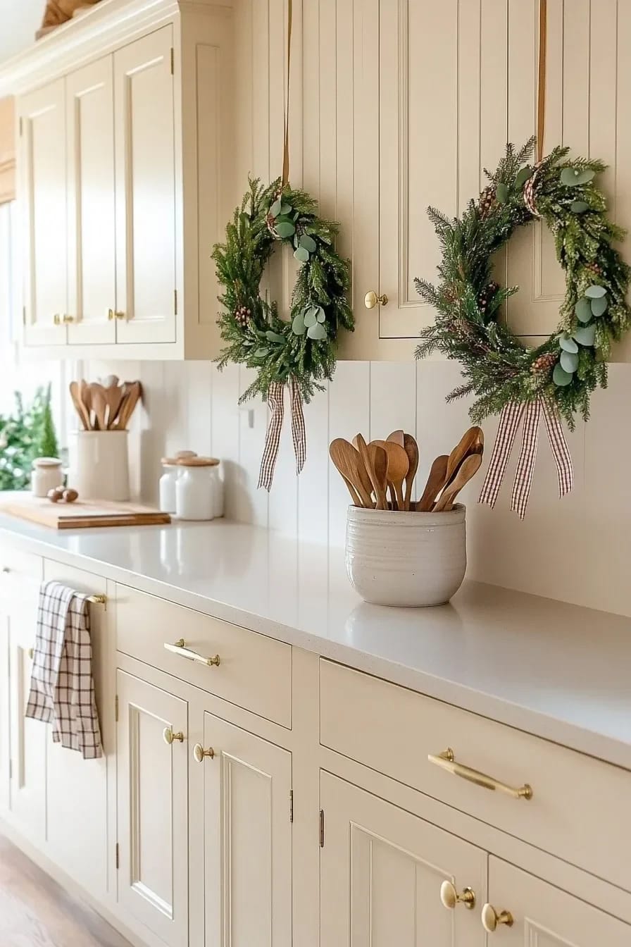 Farmhouse Christmas Kitchen Decor Ideas That Survive an Actual December 9 Classic farmhouse kitchen decorated for Christmas with two green mini wreaths hung on cabinet doors using ribbons, wooden utensils in a ceramic container on the countertop, and neutral cabinetry, illustrating festive kitchen decor ideas.