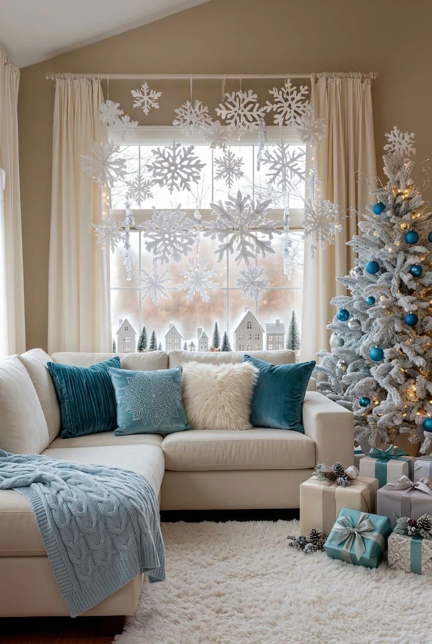 Icy Blue and White Winter Wonderland Christmas Decor Ideas That Skip the Glitter 9 hang paper snowflakes in a curtain, not taped to the glass 1