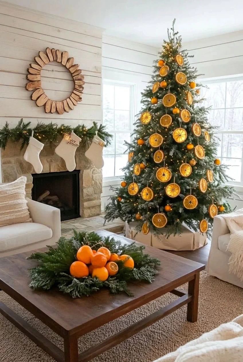 hang the tree slices on linen thread and brass hooks, not red ribbon 1
