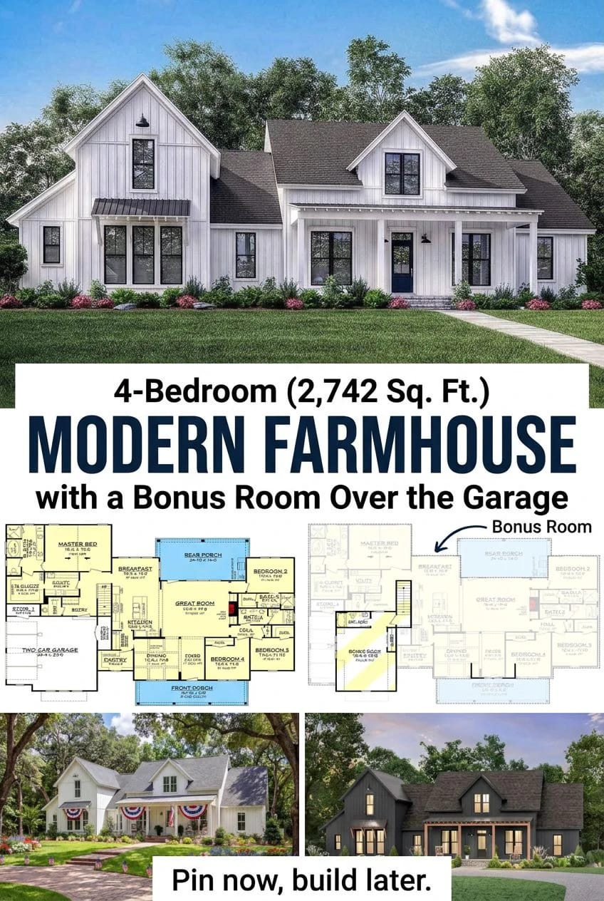 4-Bedroom Modern Farmhouse House Plan with a Bonus Room Over the Garage (2,742 Sq. Ft. Floor Plan) 9 how 2,742 square feet are arranged on one level 1