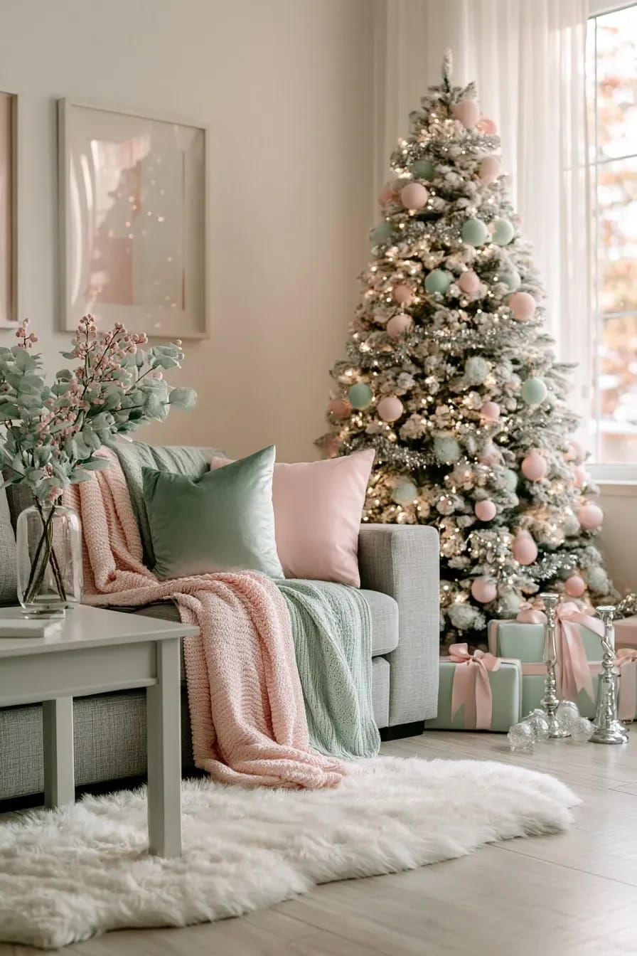 Pastel Pink and Mint Christmas Decorations That Still Look Like Christmas 6 A living room decorated for Christmas with a flocked tree adorned with pastel pink and mint ornaments, matching wrapped gifts, and a sofa featuring pink and mint pillows and throws, illustrating pastel pink and mint Christmas decorations that still look festive.