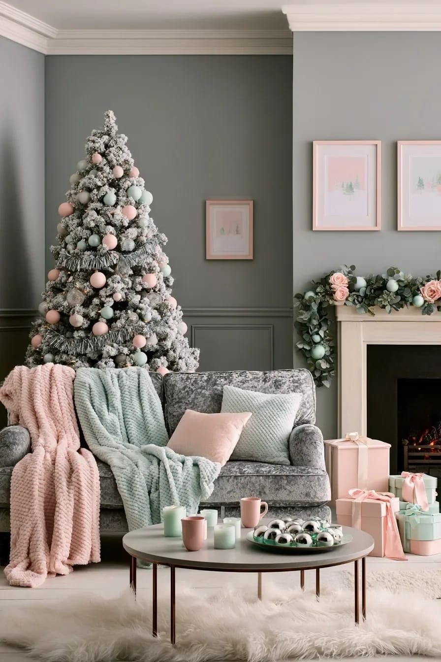 Pastel Pink and Mint Christmas Decorations That Still Look Like Christmas 7 A living room decorated for Christmas with a pastel pink and mint color scheme, featuring a flocked Christmas tree with pink and mint ornaments, matching blankets and pillows on a grey sofa, pastel garland on the fireplace, wrapped gifts, and soft holiday accents, illustrating pastel pink and mint Christmas decorations.