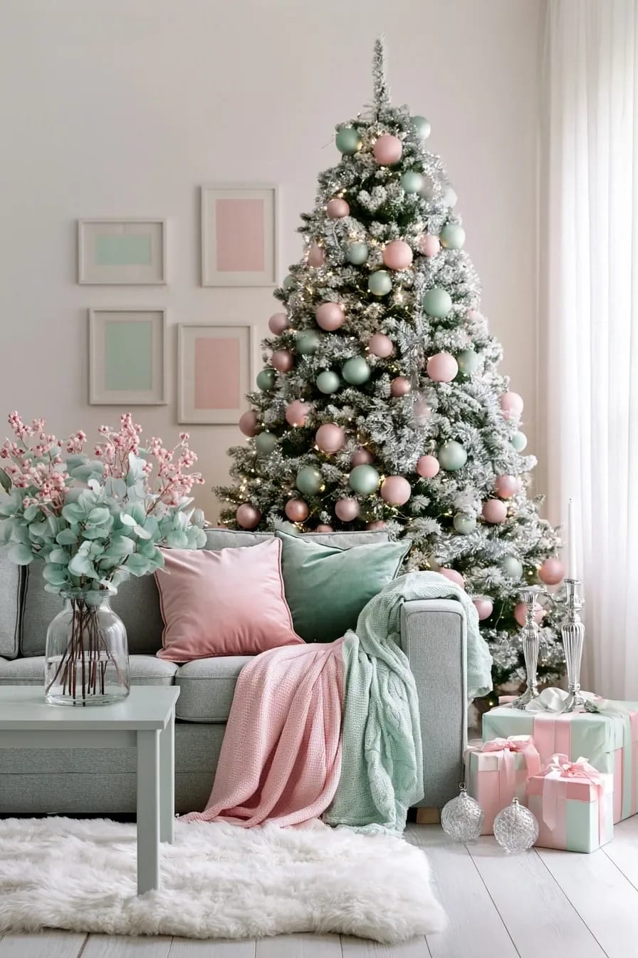Pastel Pink and Mint Christmas Decorations That Still Look Like Christmas 8 Living room decorated for Christmas with a pastel pink and mint theme, featuring a Christmas tree adorned with pink and mint ornaments, matching wrapped gifts, soft pillows, and throws in pastel shades, and coordinating wall art and floral arrangements.