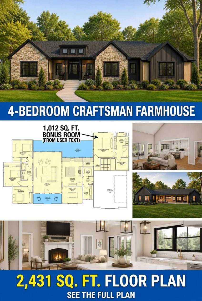 4-Bedroom Craftsman Farmhouse House Plan with a 1,012 Sq. Ft. Bonus Room (2,431 Sq. Ft. Floor Plan) 4 how the floor plan splits an 82-foot line 1