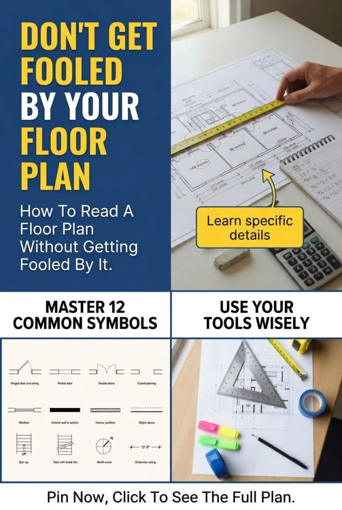 Lovely Harbor 43 Infographic on how to read a floor plan showing a person measuring a floor plan with a tape measure, common architectural symbols, and tools like a calculator, ruler, and highlighters on a desk
