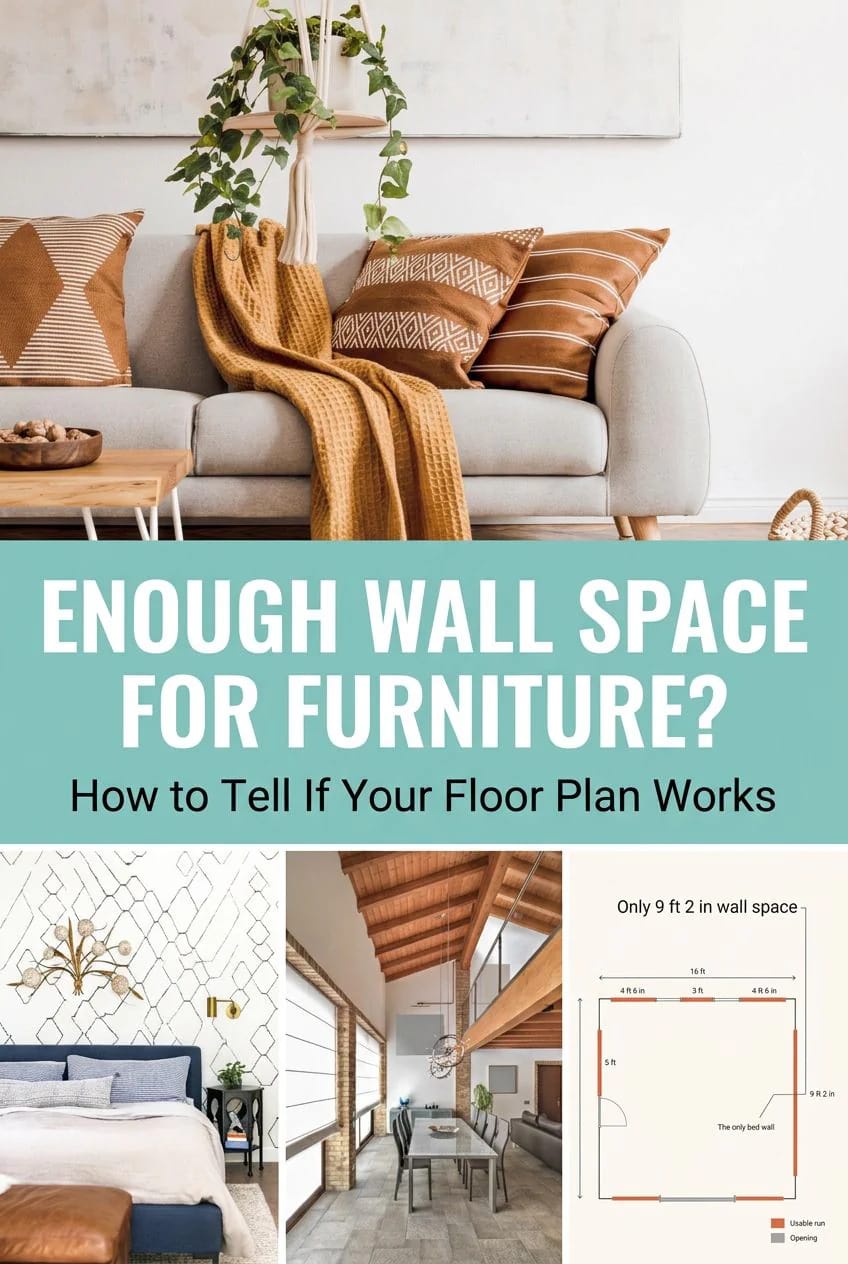 Collage image showing a modern living room with a sofa and pillows, a bedroom, a dining area, and a floor plan diagram, illustrating how to tell if a floor plan has enough wall space for furniture.