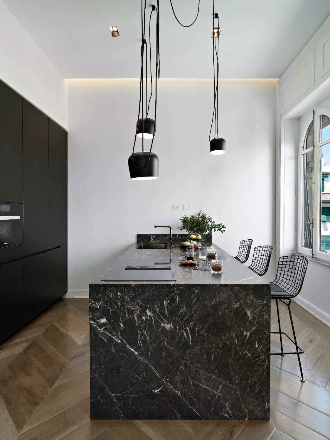 in a small warm minimalist kitchen, run one stone and stop 1