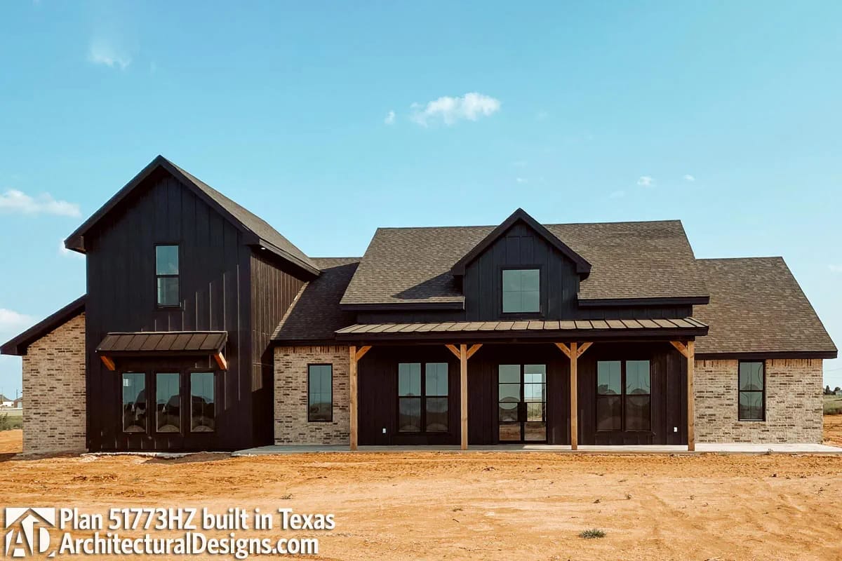 4-Bedroom Modern Farmhouse House Plan with a Bonus Room Over the Garage (2,742 Sq. Ft. Floor Plan) 15 in texas the same elevation went dark board-and-batten over buff brick 1