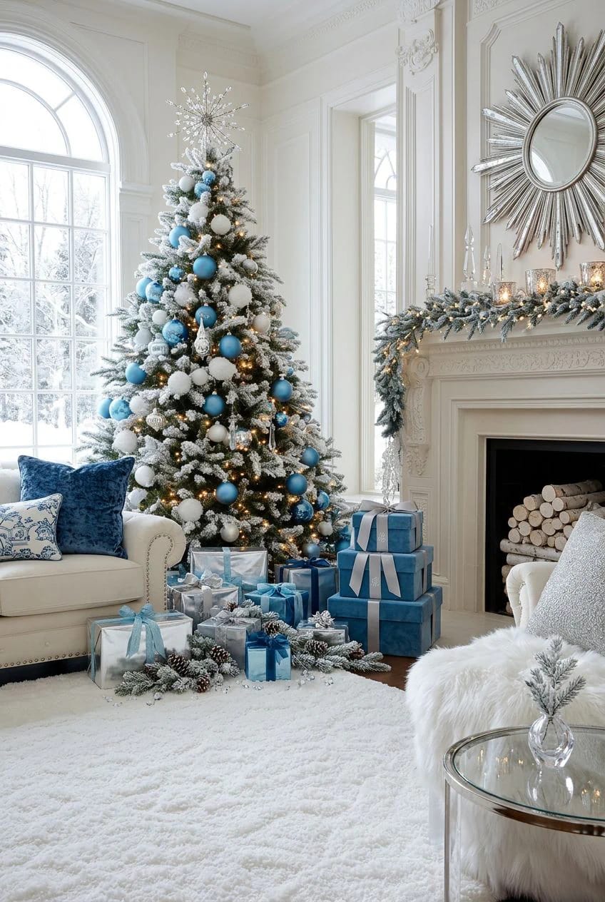 Icy Blue and White Winter Wonderland Christmas Decor Ideas That Skip the Glitter 5 keep the green tree and put the blue in the ornaments 1