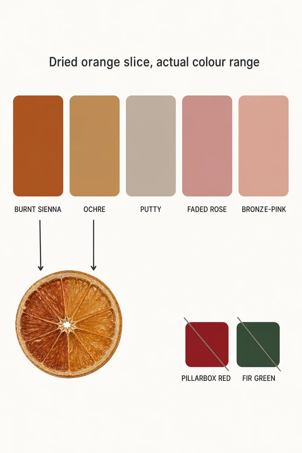 let the oranges set the palette: rust, ochre and bruised pink, no red or green 1