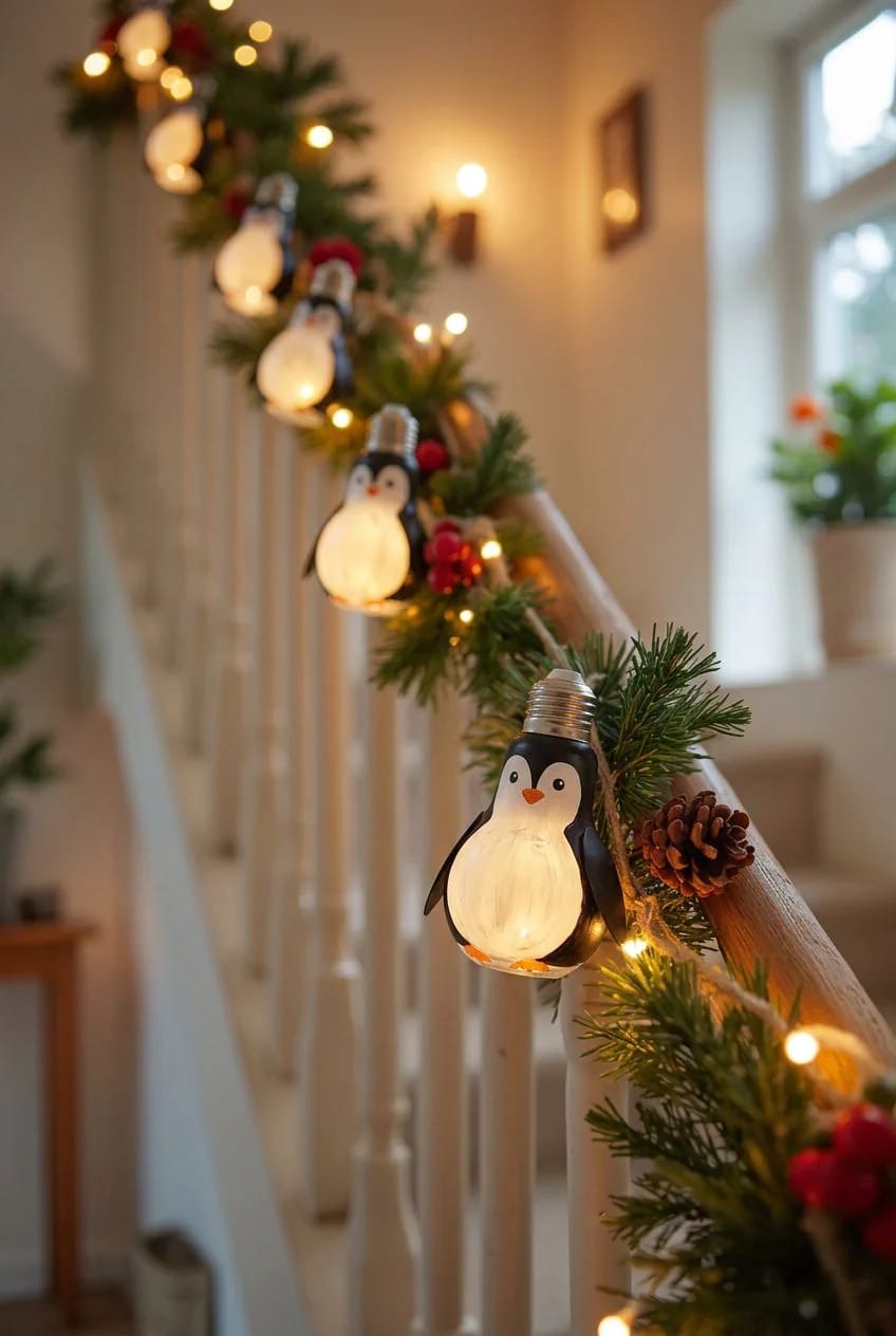 Light bulb penguin decorations hang along a Christmas greenery garland on a staircase banister, accompanied by pinecones, red berries, and warm string lights
