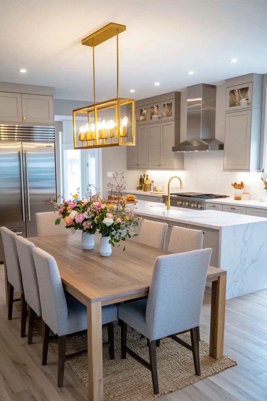Kitchen Island With Dining Table: 11 Combinations That Actually Get Used 20 Modern kitchen featuring a marble island and adjacent wooden dining table, each area illuminated with distinct lighting fixtures, illustrating the concept of lighting kitchen island and dining table as separate zones.