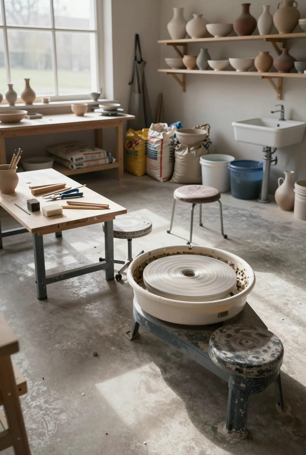 Pottery Studio Ideas That Hold Up Once There's Clay in the Room 6 A pottery studio with a wheel positioned near a window, allowing natural side lighting to illuminate the workspace, ideal for effective pottery studio ideas. Various clay tools, shelves with finished pottery, bags of materials, and a sink are also visible in the room.