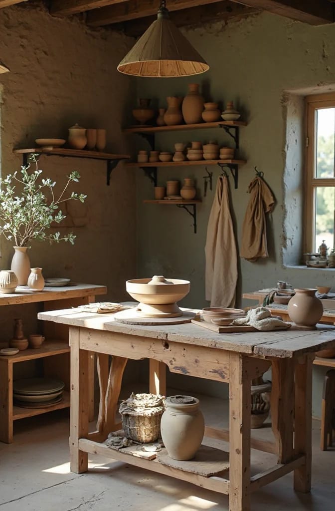 Pottery Studio Ideas That Hold Up Once There's Clay in the Room 7 Pottery studio with natural side lighting illuminating a central pottery wheel, wooden tables, shelves of clay pots, and rustic decor, demonstrating effective lighting for working with clay.
