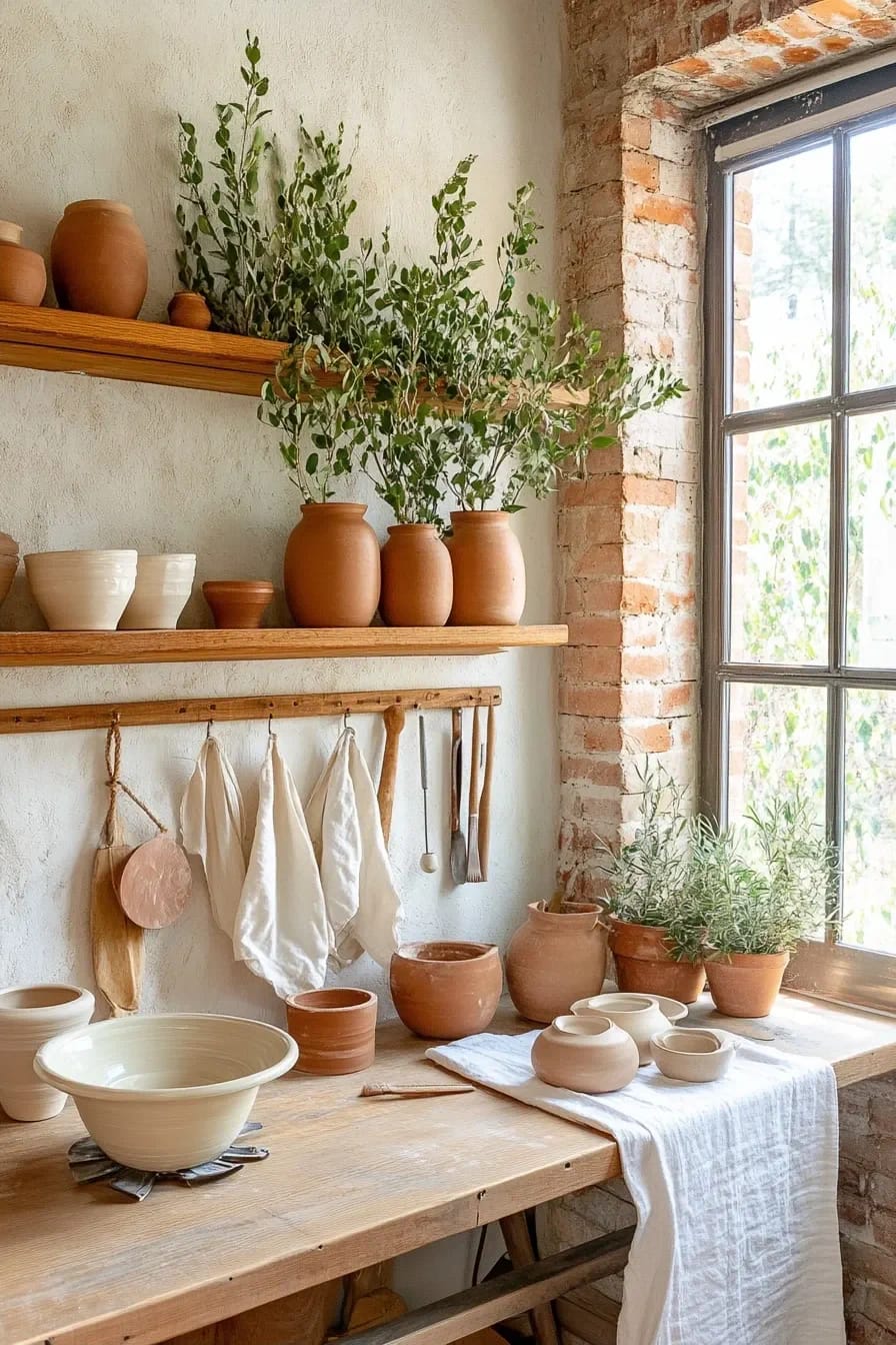 Pottery Studio Ideas That Hold Up Once There's Clay in the Room 8 A pottery studio workspace with natural side lighting from a large window, wooden shelves holding clay pots, greenery, and ceramic bowls, with pottery tools and cloths hanging on the wall, illustrating Pottery Studio Ideas That Hold Up Once There's Clay in the Room.