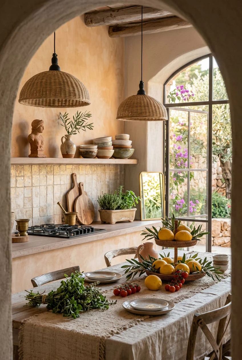 Boho Kitchen Ideas That Hold Up to Actual Cooking 6 limewash the wall, but not the one behind the hob 1