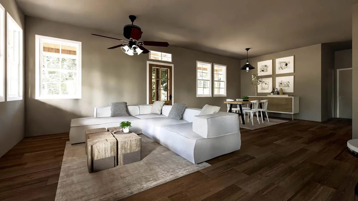 living and dining share one volume under a flat nine-foot ceiling 1