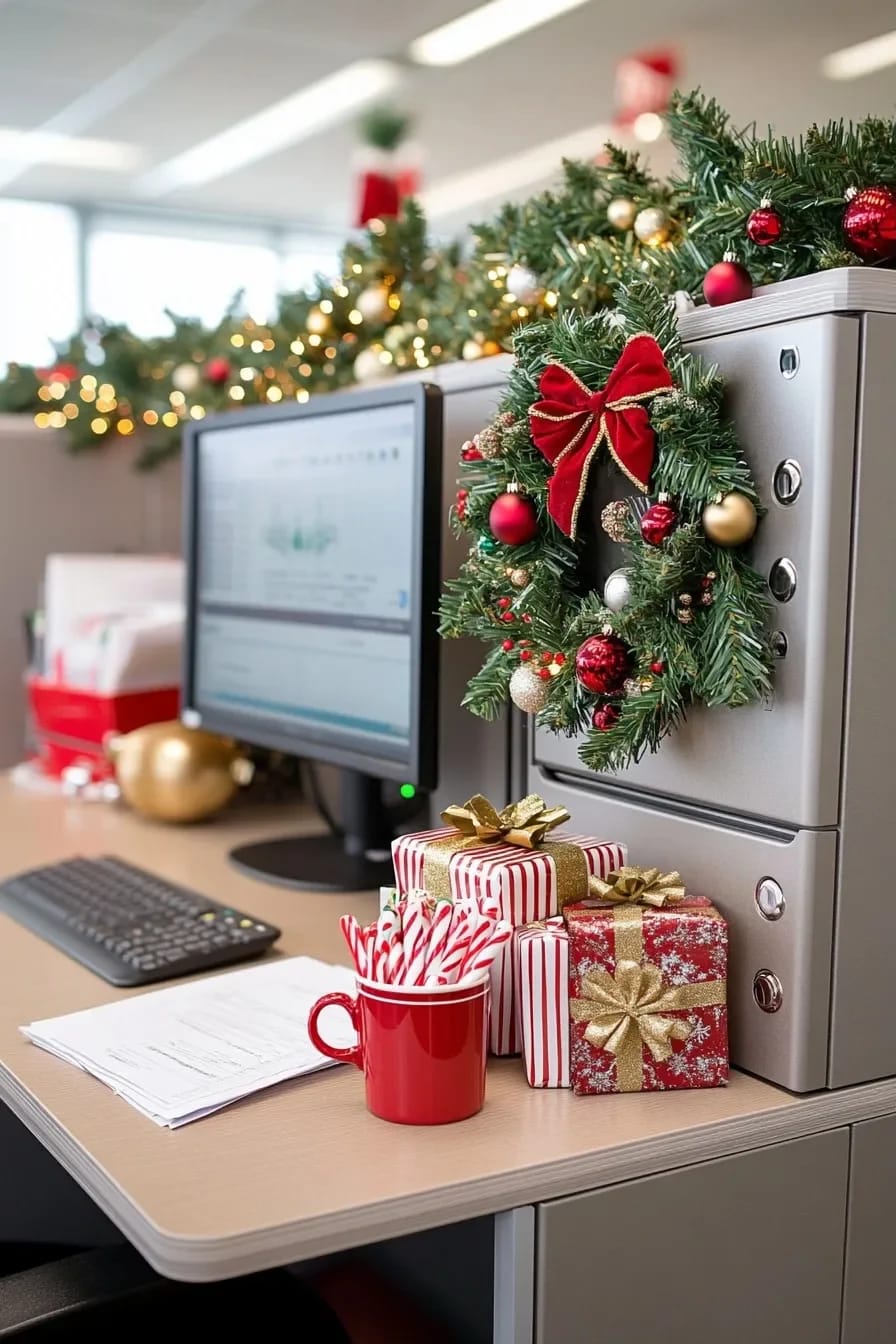 magnets, not tape: hang the christmas wreath on the filing cabinet 1