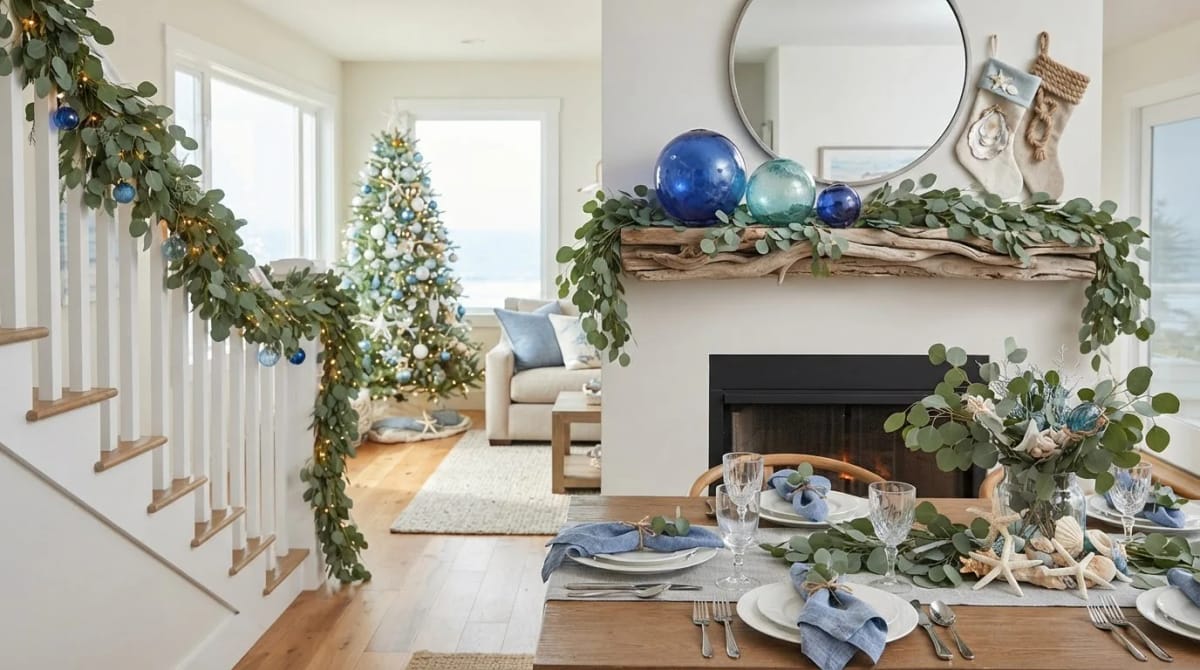 13 Coastal Blue Christmas Decorations That Skip the Anchors and Life Rings 16 mantel, stairs, and the dining table 1