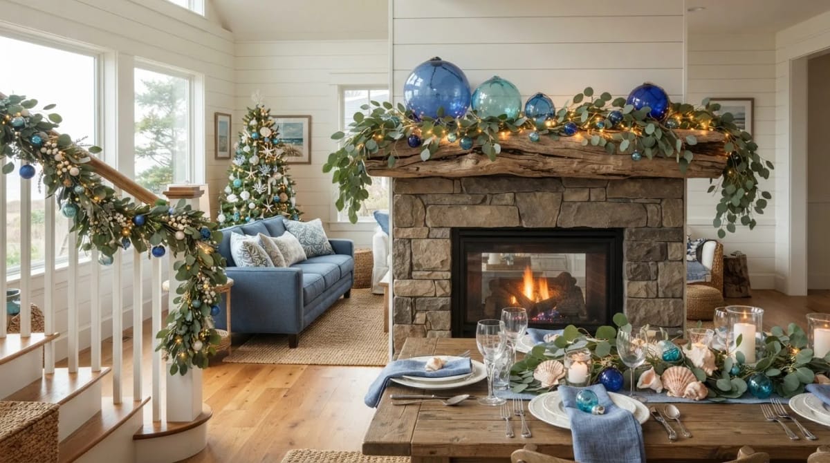 13 Coastal Blue Christmas Decorations That Skip the Anchors and Life Rings 17 mantel, stairs, and the dining table 1