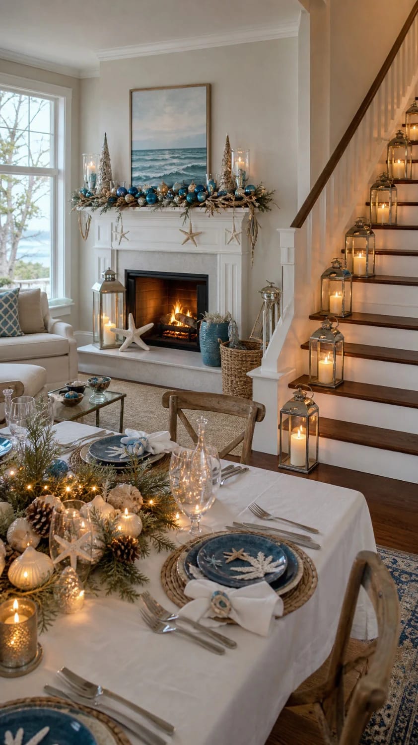 13 Coastal Blue Christmas Decorations That Skip the Anchors and Life Rings 19 mantel, stairs, and the dining table 1