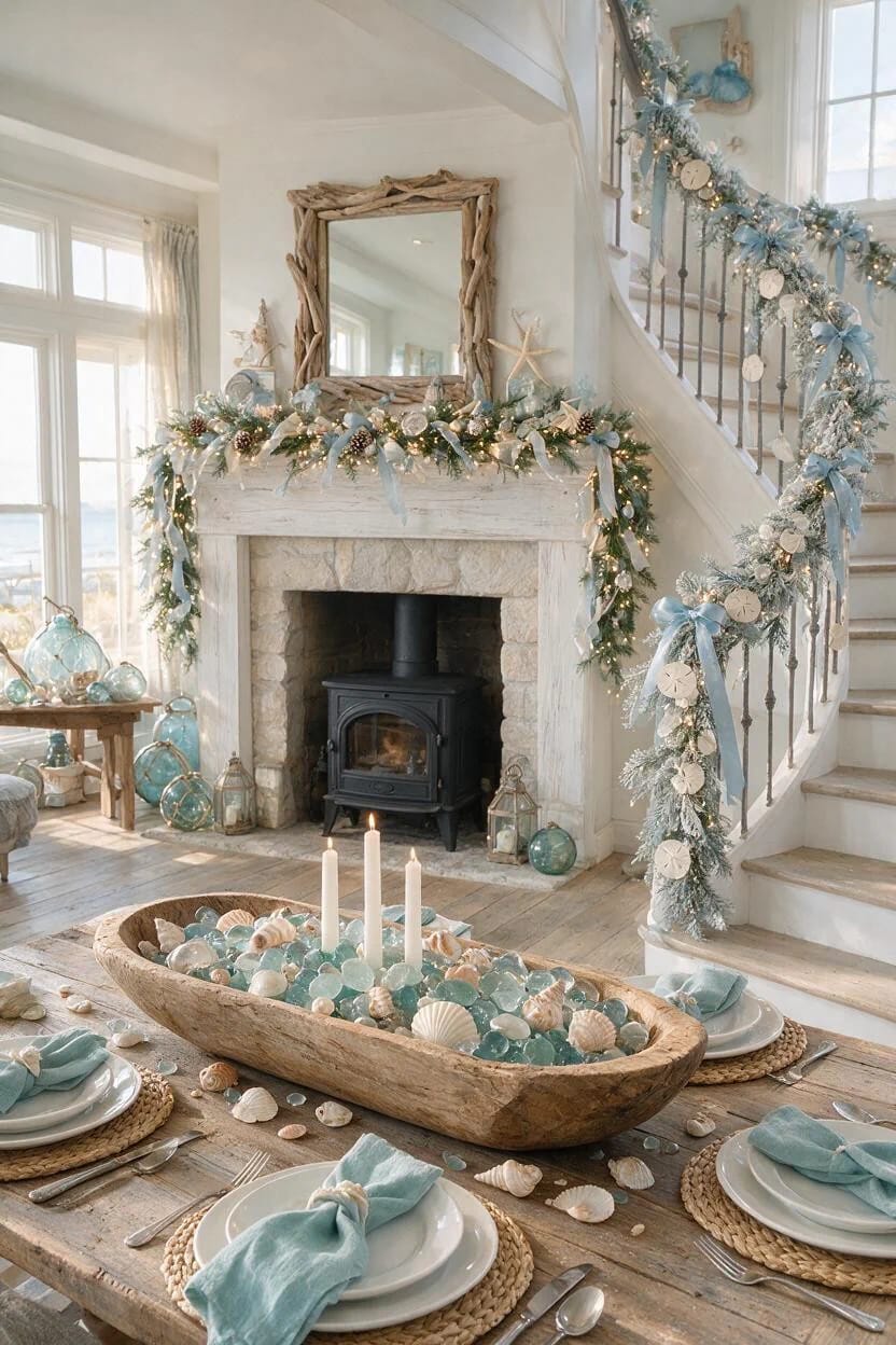 13 Coastal Blue Christmas Decorations That Skip the Anchors and Life Rings 20 mantel, stairs, and the dining table 1
