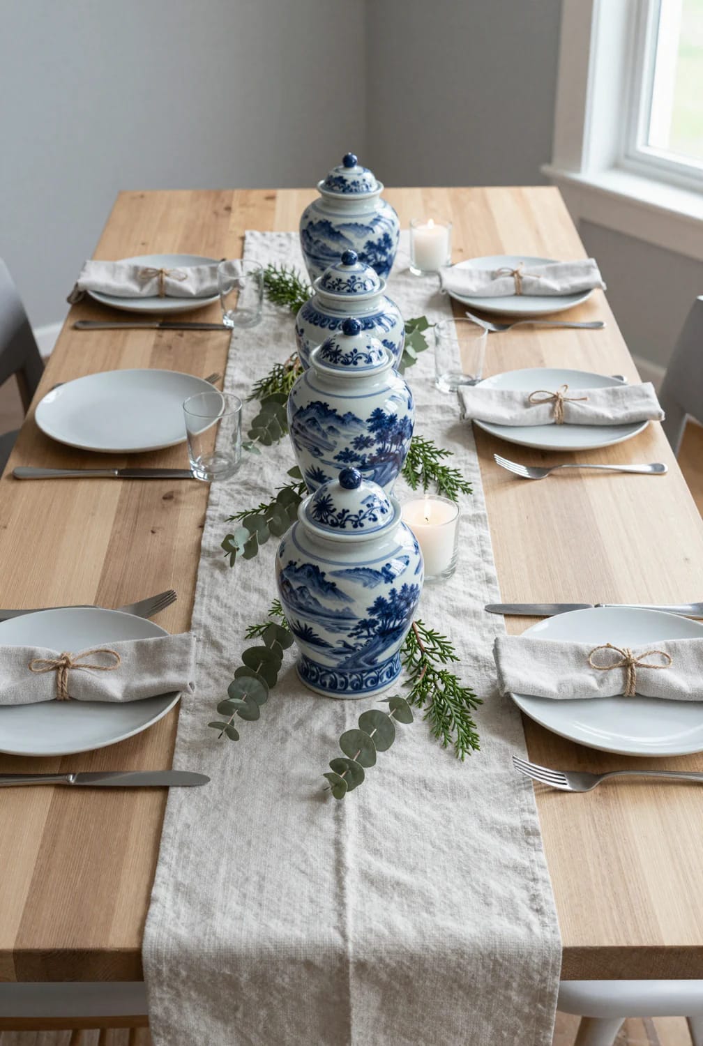 13 Coastal Blue Christmas Decorations That Skip the Anchors and Life Rings 22 mantel, stairs, and the dining table 1