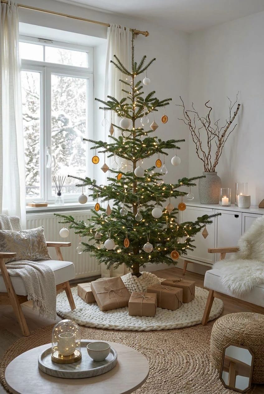 Scandinavian Christmas Decor With Pale Wood and Straw Ornaments That Reads Nordic, Not Rustic 16 A Scandinavian Christmas living room featuring a Christmas tree decorated with numerous straw and pale wood ornaments, white baubles, and subtle lights, surrounded by wrapped gifts and Nordic-inspired minimalist furnishings, illustrating Nordic Christmas decor.