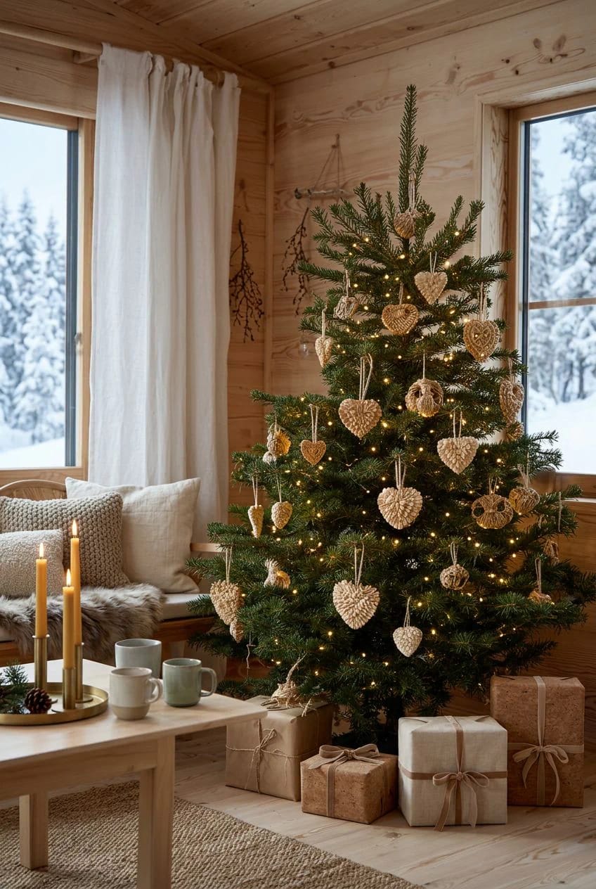 Scandinavian Christmas Decor With Pale Wood and Straw Ornaments That Reads Nordic, Not Rustic 18 A cozy Scandinavian Christmas scene featuring a pine tree decorated with numerous straw ornaments in a pale wood room, surrounded by wrapped gifts, candles, and mugs, reflecting a Nordic holiday decor style.