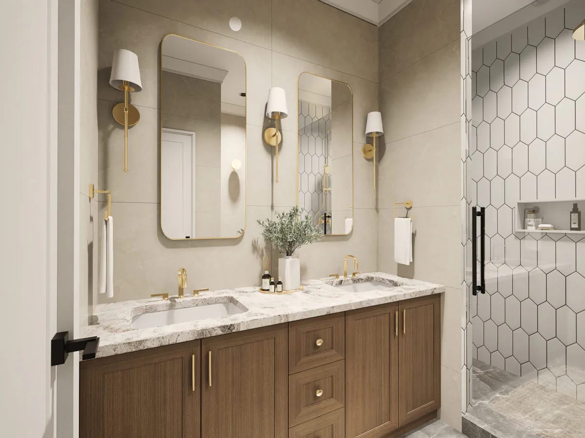 master bath: double vanity, fluted oak, no tub 1