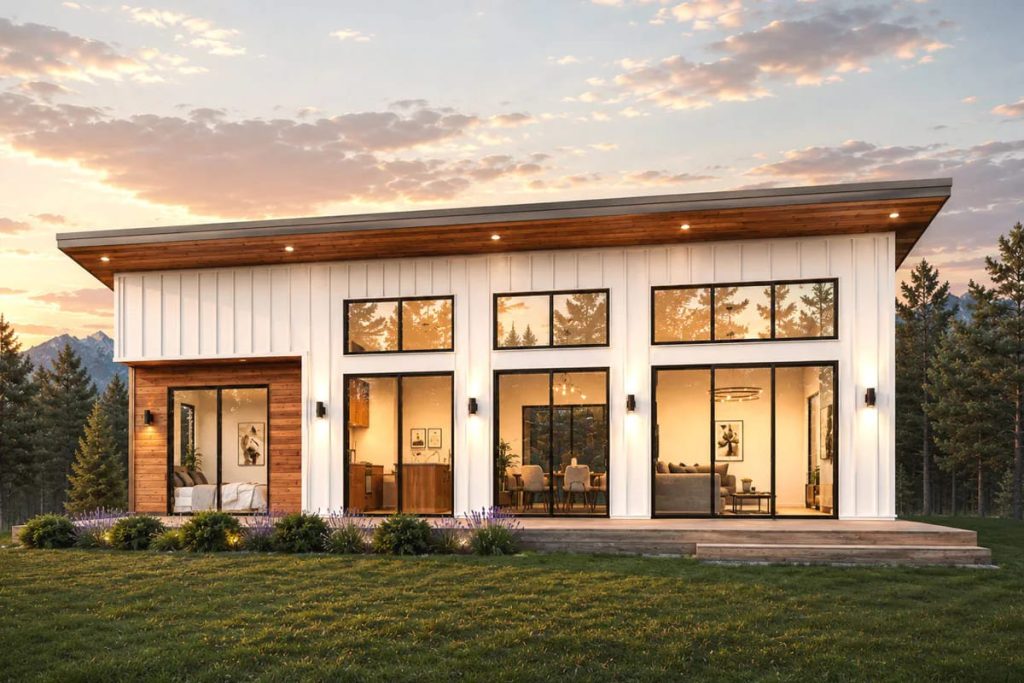 Modern home with shed roof, large windows, white siding, and wood accents at sunset