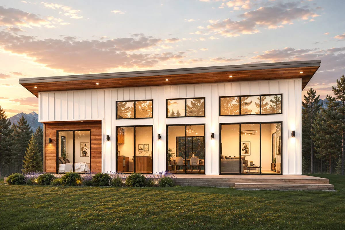Modern home with shed roof, large windows, white siding, and wood accents at sunset