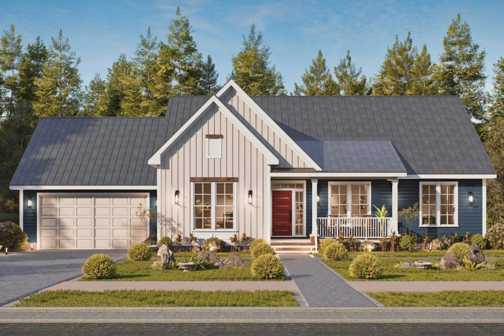 Modern farmhouse exterior with metal roof, front porch, and contrasting siding in light and dark colors