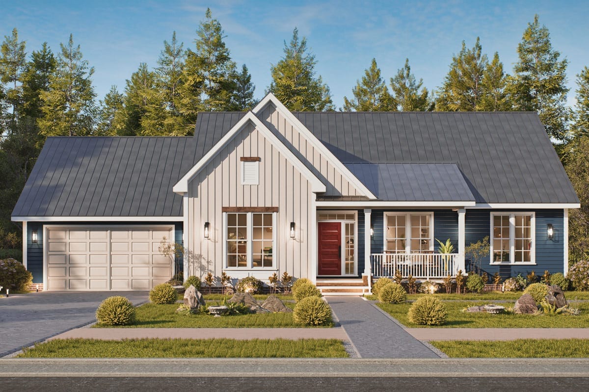 Modern farmhouse exterior with metal roof, front porch, and contrasting siding in light and dark colors