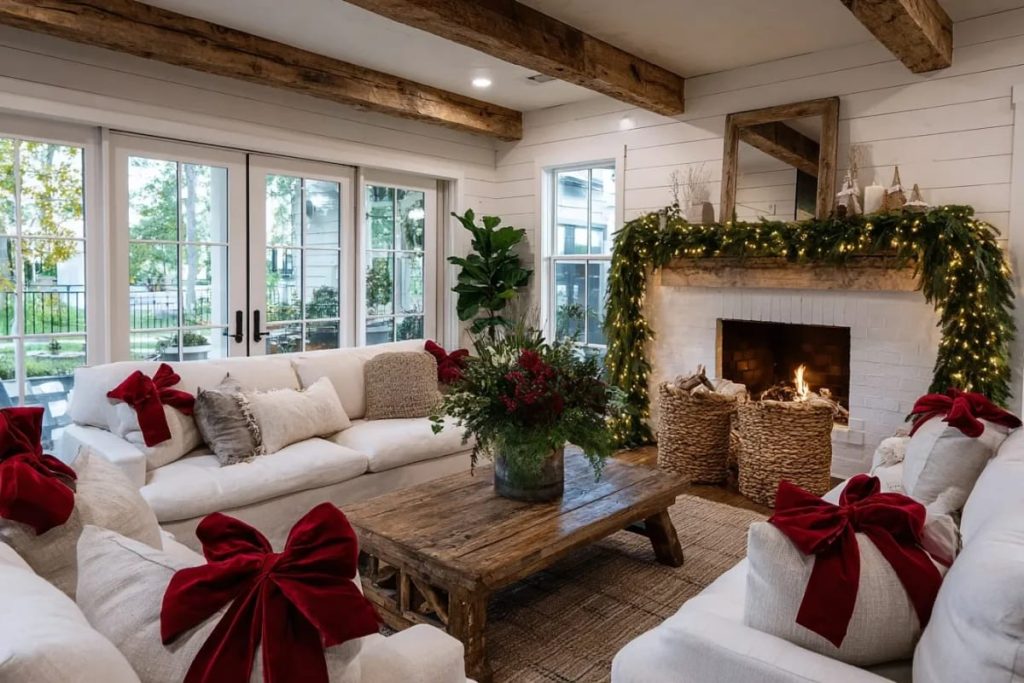 Living room featuring modern traditional Christmas decor with cozy white sofas, red velvet bow pillows, a rustic wood coffee table, a garland with lights draped over a wooden fireplace mantel, and a festive floral arrangement, updating the classic red and green holiday palette.
