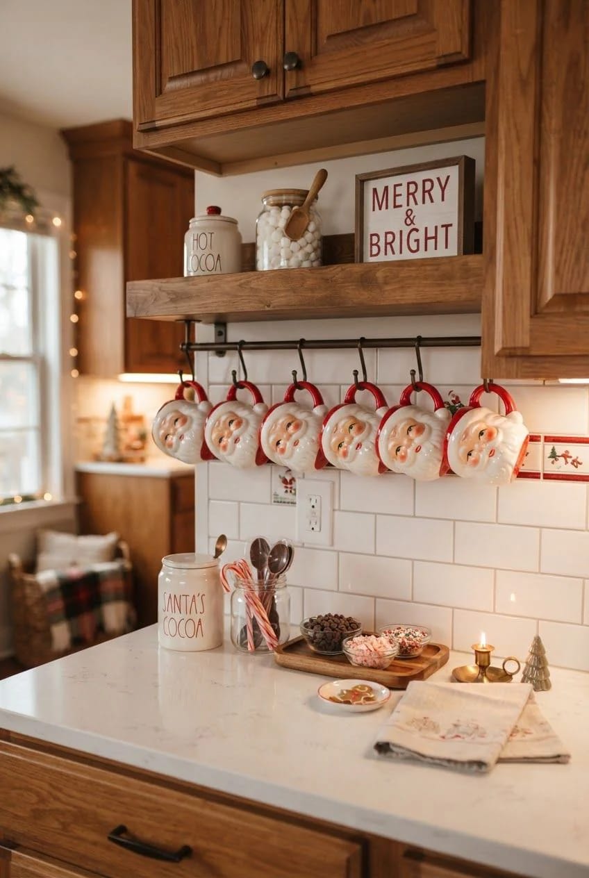 Christmas Hot Cocoa Bar Decor With Santa Mugs: 7 Setups That Stay Usable All December 3 move the santa mugs up: open shelves and under-cabinet hooks 1