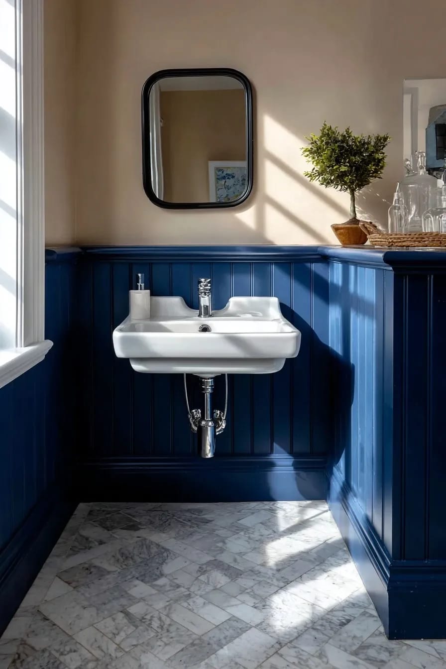navy below the chair rail, lime plaster above 1