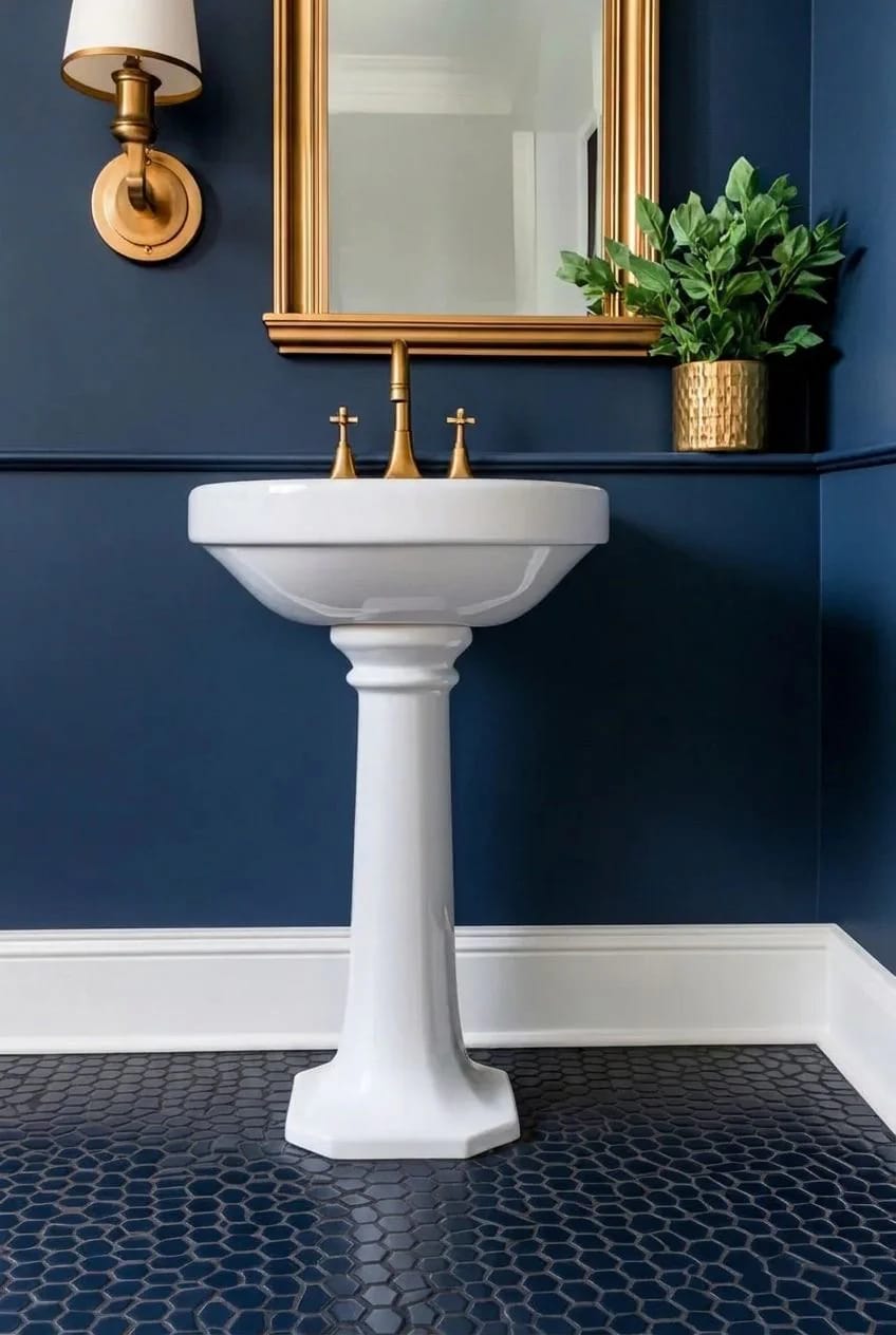 Navy Blue Bathroom Ideas, and Where the Navy Should Actually Go 14 Navy blue bathroom featuring a white pedestal sink, gold faucet and mirror, a wall sconce, a green plant in a gold pot, and a navy penny tile floor with dark grout, illustrating navy blue bathroom ideas and the use of dark grout with navy tile.