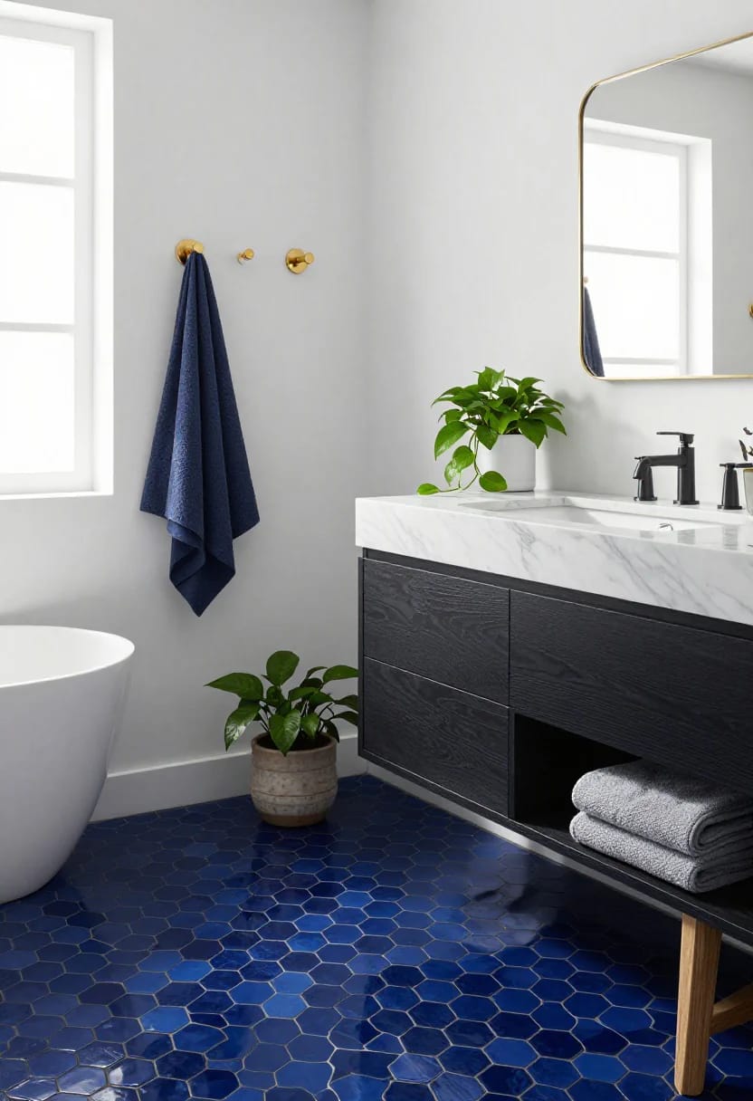 Navy Blue Bathroom Ideas, and Where the Navy Should Actually Go 15 Modern bathroom featuring navy blue hexagon tile floors with dark grout, a freestanding white bathtub, a navy towel on a gold hook, a black vanity with a marble countertop, and green potted plants, illustrating navy blue bathroom ideas.
